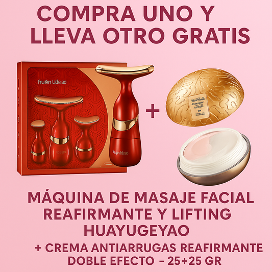 MÁQUINA DE MASAJE FACIAL REAFIRMANTE HUAYUGEYAO + CREMA ANTIARRUGAS REAFIRMANTE DOBLE EFECTO – 25+25 GR